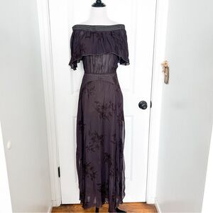 Flynn Skye Dark Brown Off-Shoulder Sheer Maxi Dress -small